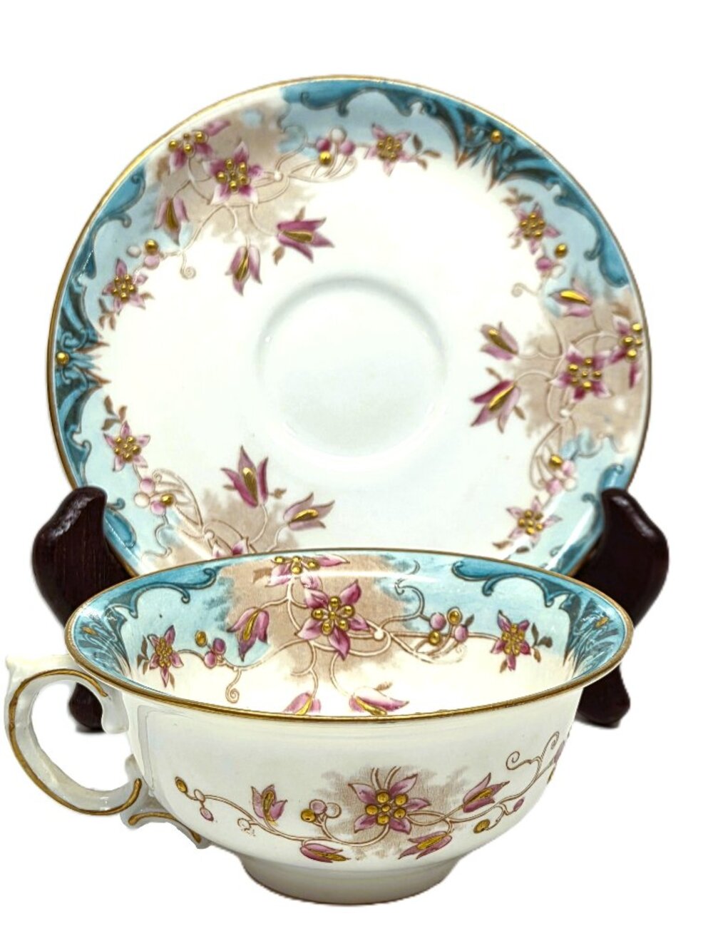 Antique Pointons England Tea Cup Saucer Porcelain Blue Border Pink Flower Gold